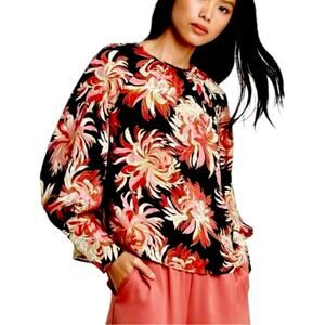 Who What Wear Top Round Neck Long Sleeves Black Red Floral Satin Women’s Size XL